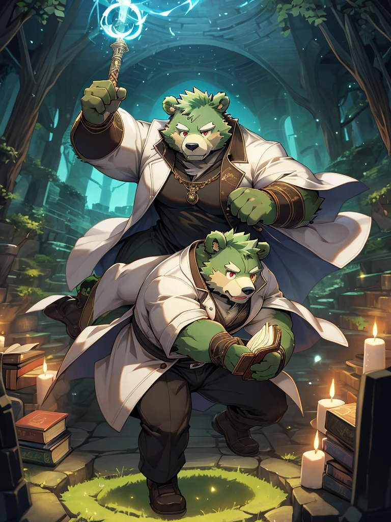 masterpiece, high quality, anime, detailed eyes, male jinpei, anthro, bear, Great physique, strong arms manly, Casual suit, (((green bear))), (((green fur))), green hair, beard, white eyebrows, bald, detailed red eyes, tall, Joyful, (black t-shirt inside), (((white unhooded trench coat ))), by zixiong, magic staff, dungeon, labyrinth, magic book and hold a magic staff, casting magic, action pose,