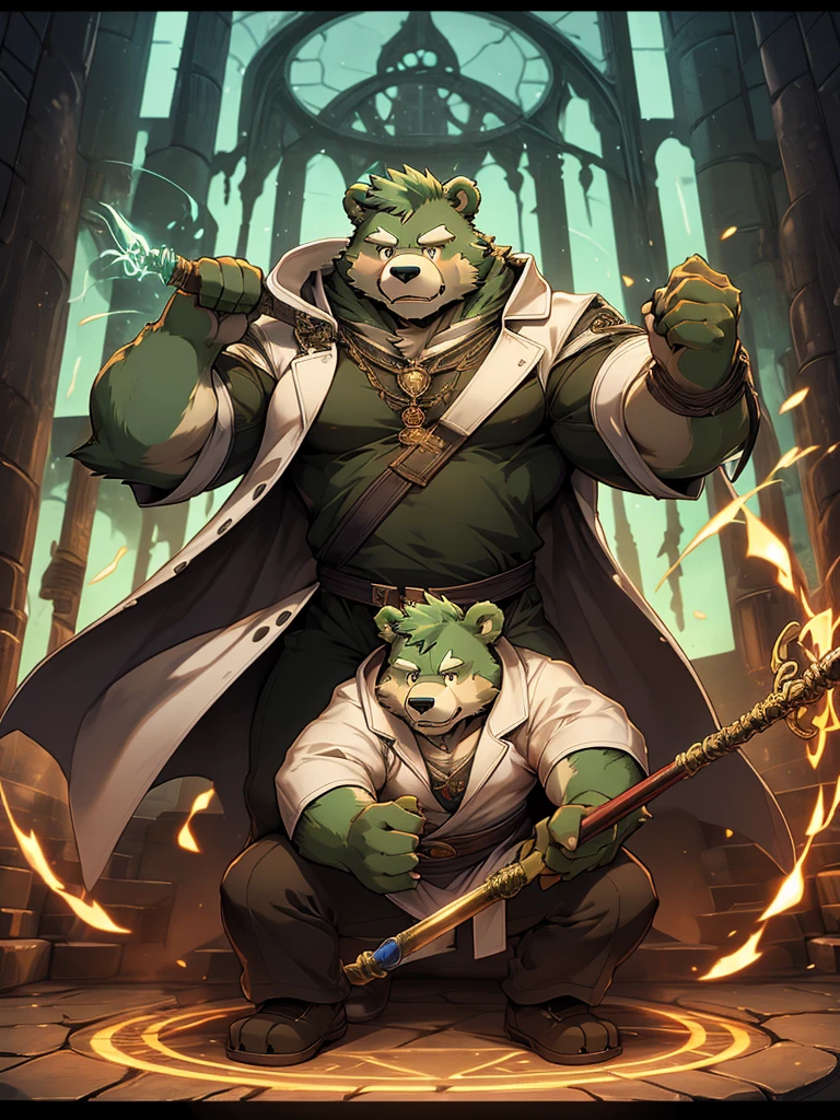 masterpiece, high quality, anime, detailed eyes, male jinpei, anthro, bear, Great physique, strong arms manly, Casual suit, (((green bear))), (((green fur))), green hair, beard, white eyebrows, bald, detailed red eyes, tall, Joyful, (black t-shirt inside), (((white unhooded trench coat ))), by zixiong, magic staff, dungeon, labyrinth, magic book and hold a magic staff, casting magic, action pose,