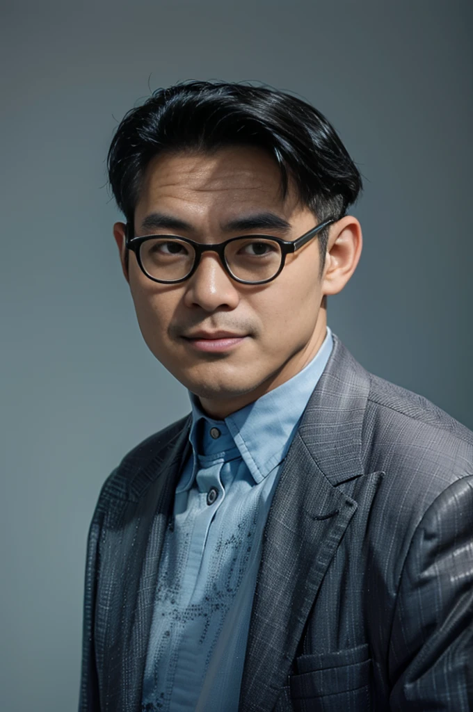 Highly realistic photo, ((masterpiece), (best quality), (raw photo), (photorealistic:1.4), Portrait of Vietnamese man, 45 years old, ((black hair)), ((black suit)), ((light blue background)), photo taken by Sony A7IV