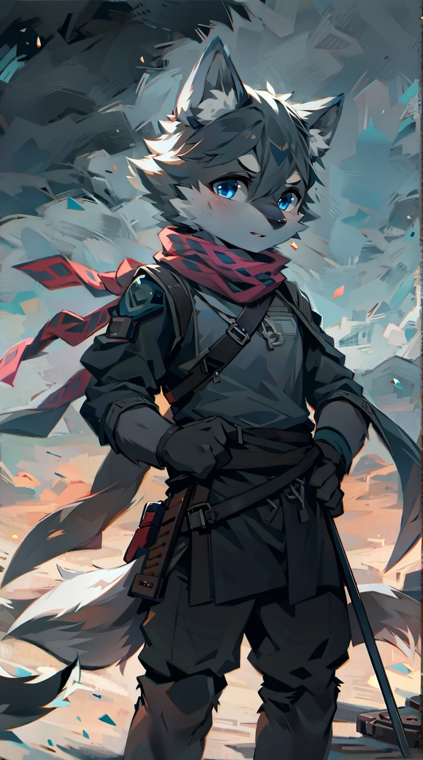 Wolf,juvenile,male,Gray-black fur,Sky blue eyes,Black combat uniform,scarf,Holding a long sword,scabbard,Draw the sword,permanent,The only one,dawn,illumination,Break,bust
