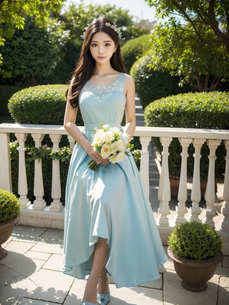 Garden Terrace、Polyester Dresses、(Highest quality)), (Very detailed), ((Very detailed)), 4K, (8K), Highest quality, One person,Kind Face、Soft Light、RAW quality、Heel、bouquet