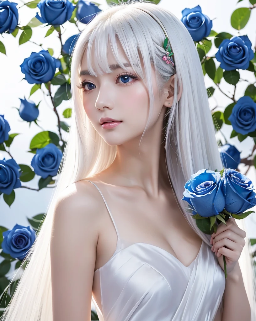 (Highest quality, 32k, High resolution, Masterpiece:1.5, ), marimo_jet, god々A photograph with brilliant dazzling and healing power., Evoking a sense of calm and elusive beauty, Expressing emotions, Have a rich imagination,Beautiful Japanese Girls, An exceptionally beautiful face, Small Face Beauty, ((Low - Angle:1.2)), Perfect Human Anatomy, Magical big eyes, Motherhood and generosity, Deep Love, A fleeting smile, ((Colorfully shining platinum white hair:1.1)), ((Super Long Straight Silk Hair)), Flower Hair Ornaments, Asymmetrical bangs, Hair between the eyes, Transparent, soft white skin, Sharp eyebrows, Thin lashes, Natural Makeup, Cheek highlighter, Pale pink detailed lips, , ((White dress:1.2)), ((Holding a bouquet of blue roses in both hands:1.2)), High resolutionの完璧な鎖骨, High resolutionの美しい胸元, Slim figure with ample breasts, High resolutionの美しい太もも, ((Detailed blue sky background:1.3)), ((Beautiful detailed rainbow:1.1)), Dazzling sunlight, Backlight, Professional Lighting, Professional photographer, Professional models, god秘的