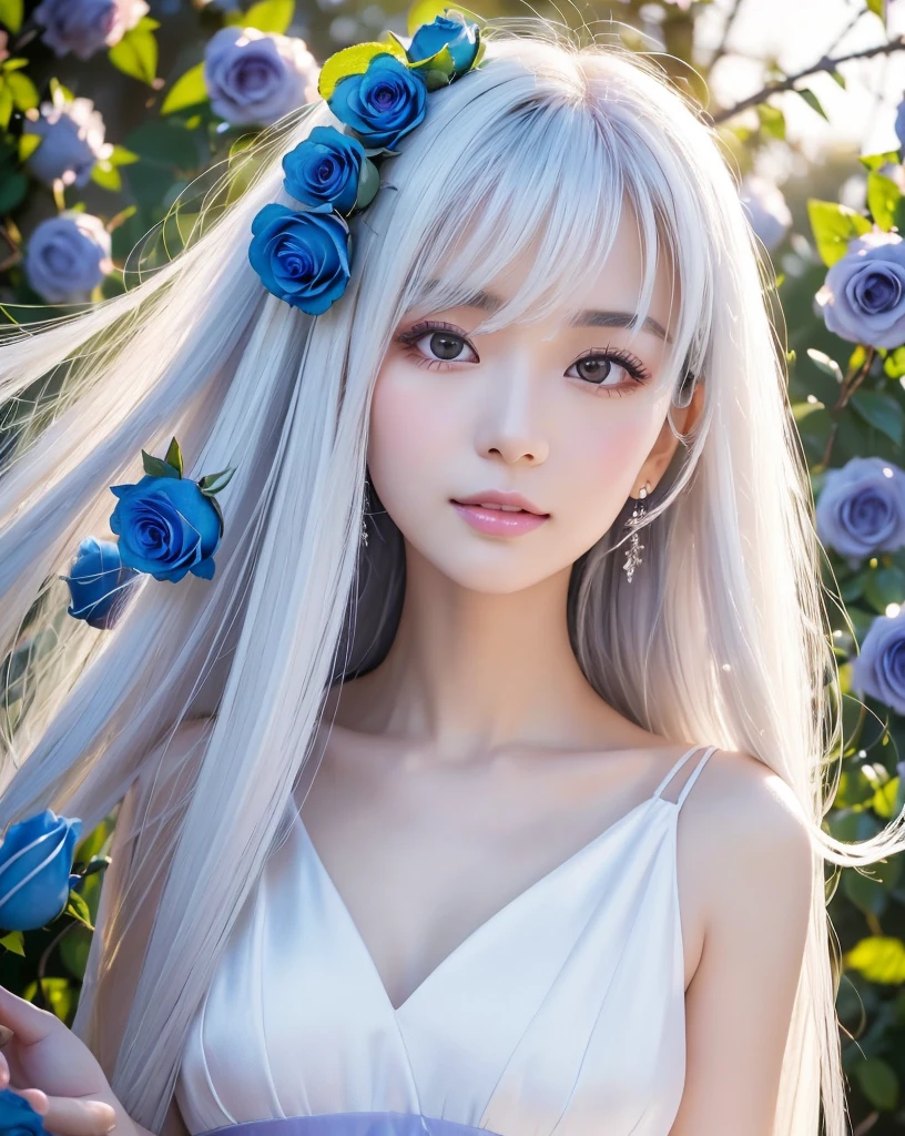 (Highest quality, 32k, High resolution, Masterpiece:1.5, ), marimo_jet, god々A photograph with brilliant dazzling and healing power., Evoking a sense of calm and elusive beauty, Expressing emotions, Have a rich imagination,Beautiful Japanese Girls, An exceptionally beautiful face, Small Face Beauty, ((Low - Angle:1.2)), Perfect Human Anatomy, Magical big eyes, Motherhood and generosity, Deep Love, A fleeting smile, ((Colorfully shining platinum white hair:1.1)), ((Super Long Straight Silk Hair)), Flower Hair Ornaments, Asymmetrical bangs, Hair between the eyes, Transparent, soft white skin, Sharp eyebrows, Thin lashes, Natural Makeup, Cheek highlighter, Pale pink detailed lips, , ((White dress:1.2)), ((Holding a bouquet of blue roses in both hands:1.2)), High resolutionの完璧な鎖骨, High resolutionの美しい胸元, Slim figure with ample breasts, High resolutionの美しい太もも, ((Detailed blue sky background:1.3)), ((Beautiful detailed rainbow:1.1)), Dazzling sunlight, Backlight, Professional Lighting, Professional photographer, Professional models, god秘的