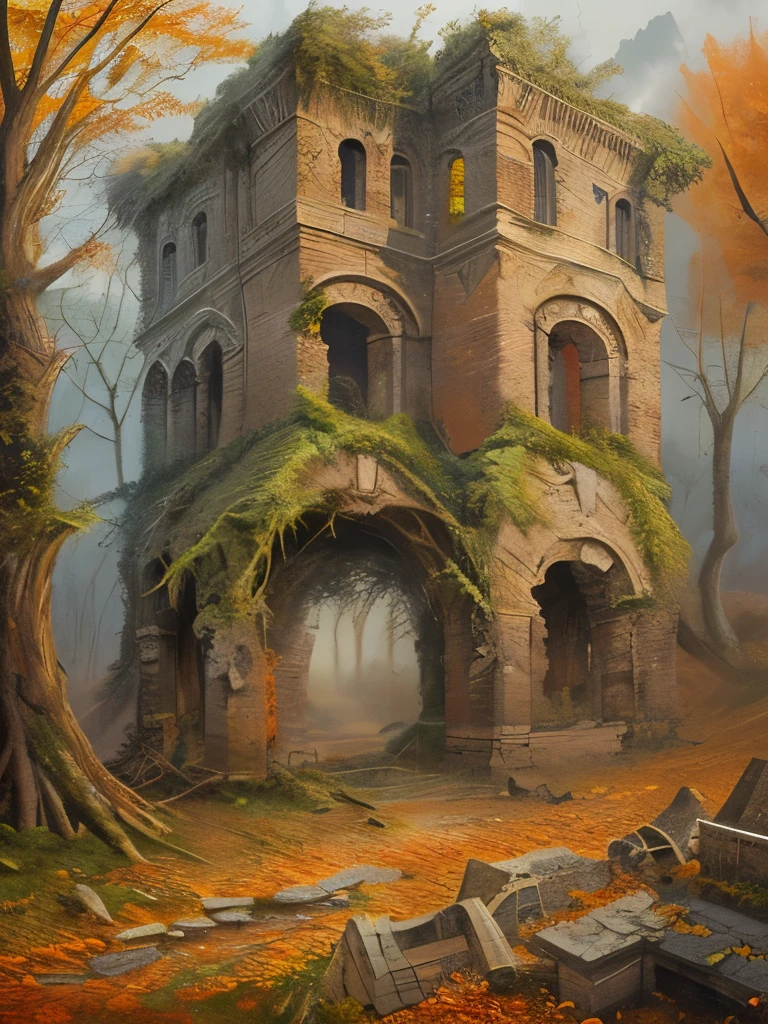 , late autumn ruins, high quality, highly detailed, illustration, impasto, canvas, oil painting, fantasy,