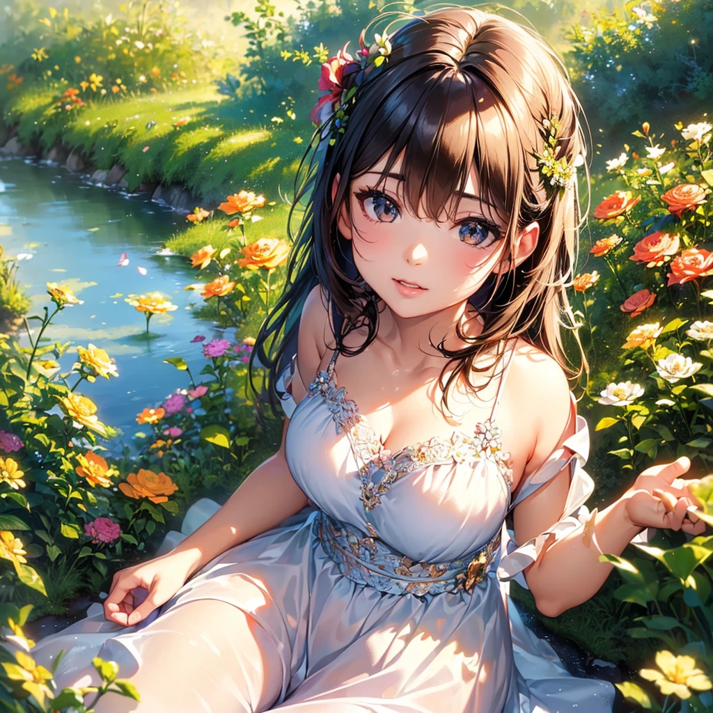 (Highest quality,4K,8K,High resolution,Tabletop:1.2),Super detailed,(Realistic,Realistic,Photorealistic:1.37),oil,Soft sunlight,Vibrant colors,Beautiful attention to detail,Beautiful lip detail,Flowing Dress,Gentle breeze,Blooming Flowers,Peaceful atmosphere,Painting Style,Warm tones,Natural light.