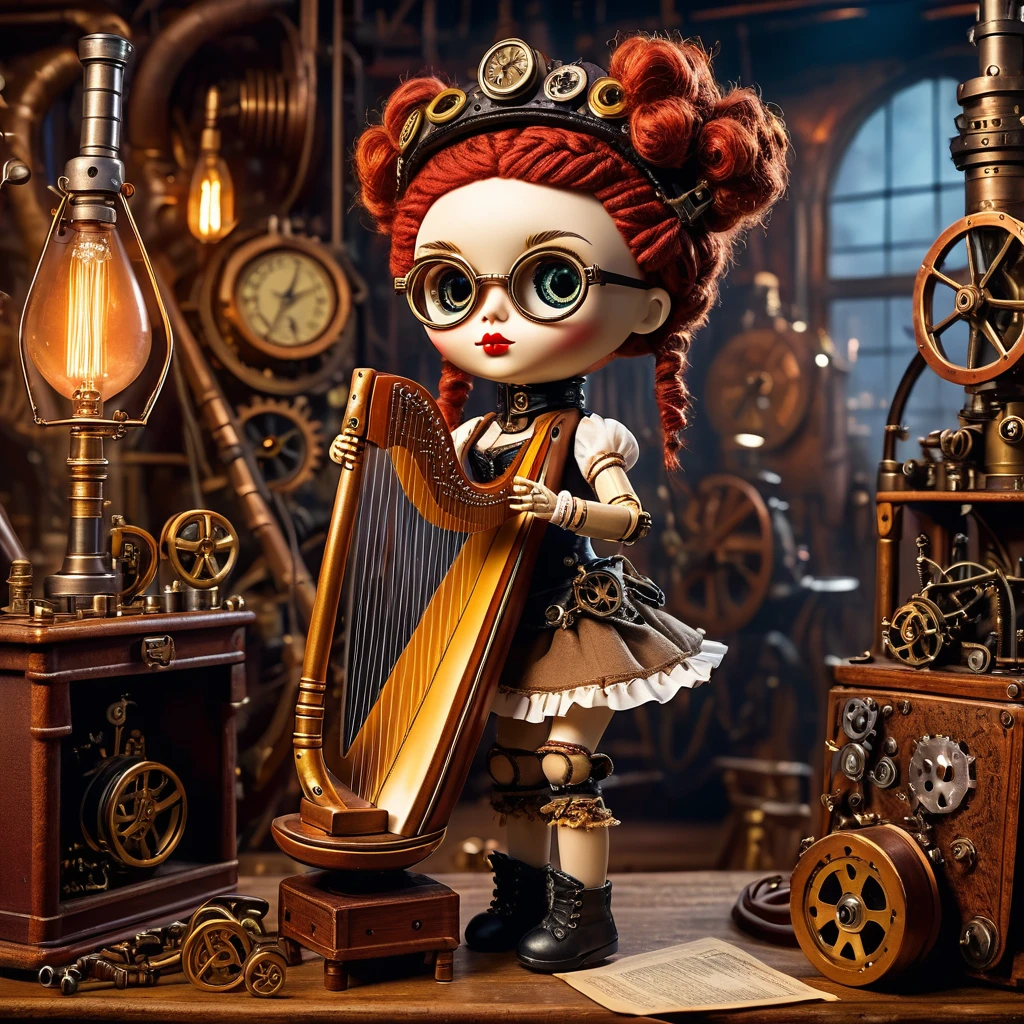 (voodoo doll playing knitted harp:1.2), (Voodoo Steampunk:1.3), (badass clothing: leather corset, aviator glasses, Gears and mechanical parts:1.0), (in the background steam engines, airships and Victorian buildings:1.2), best qualityer, work of art, detailed soft oil painting, detailed back ground, dramatic cinematic lighting, soft edge lighting, proffesional, dramatic lighting, hard edge lighting, ultra quality, 4K, work of art, best qualityer, 8K, ultra high definition, high resolution, extremely detaild