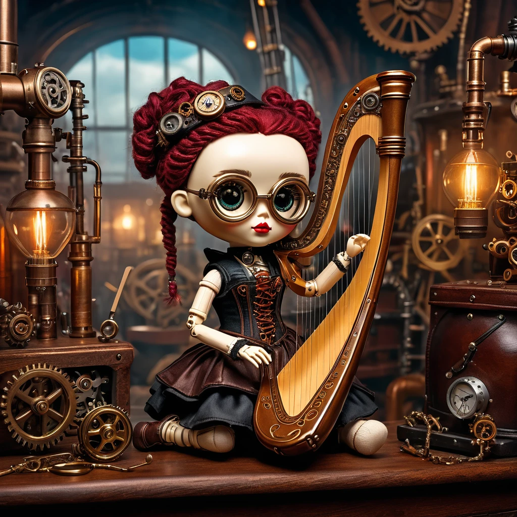 (voodoo doll playing knitted harp:1.2), (Voodoo Steampunk:1.3), (badass clothing: leather corset, aviator glasses, Gears and mechanical parts:1.0), (in the background steam engines, airships and Victorian buildings:1.2), best qualityer, work of art, detailed soft oil painting, detailed back ground, dramatic cinematic lighting, soft edge lighting, proffesional, dramatic lighting, hard edge lighting, ultra quality, 4K, work of art, best qualityer, 8K, ultra high definition, high resolution, extremely detaild
