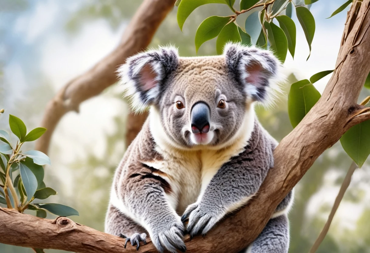 a koala sitting on a tree branch, beautiful detailed eyes, extremely detailed face, intricate fur texture, photorealistic, 8k, ultra-detailed, masterpiece, vibrant colors, natural lighting, cinematic composition, realistic foliage, lush greenery, peaceful atmosphere