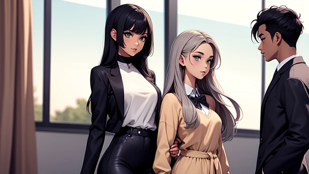 girl possesses long, flowing gray hair in stunning shades of blended. Paired with a boy with black hair in an anime-style setting in the school,