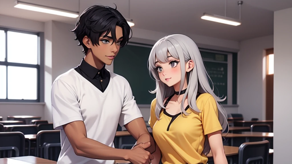 girl possesses long, flowing gray hair in stunning shades of blended. Paired with a boy with black hair in an anime-style setting in the school,