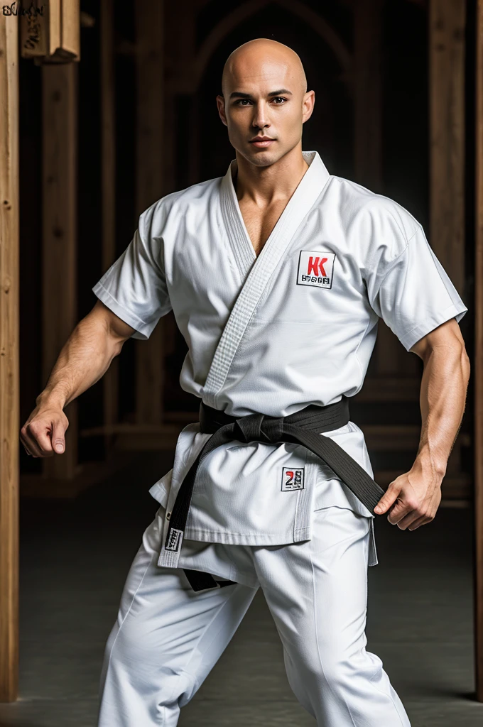 ((8k ((best quality)), ((masterpiece)), (very detailed), real face bald short male muscular male full body wear karate suit doing split