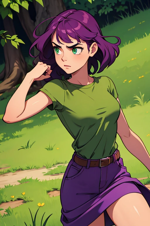 ager woman fighting  , with green eyes and short wavy purple hair