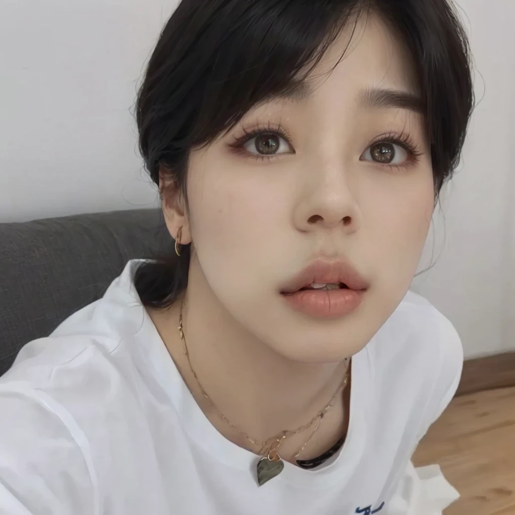 there is a woman with a white shirt and a necklace on, Jimin\the full lips, accurate Jimin face, Jimin\the Greek nose, Jimin\the right eyelid is swollen, park Jimin, Jimin, adorable and pale korean face, Kim Doyoung, Tae June Kim, sun yunjoo, hyung tae, Jungkook, tongue out, olhar chocado