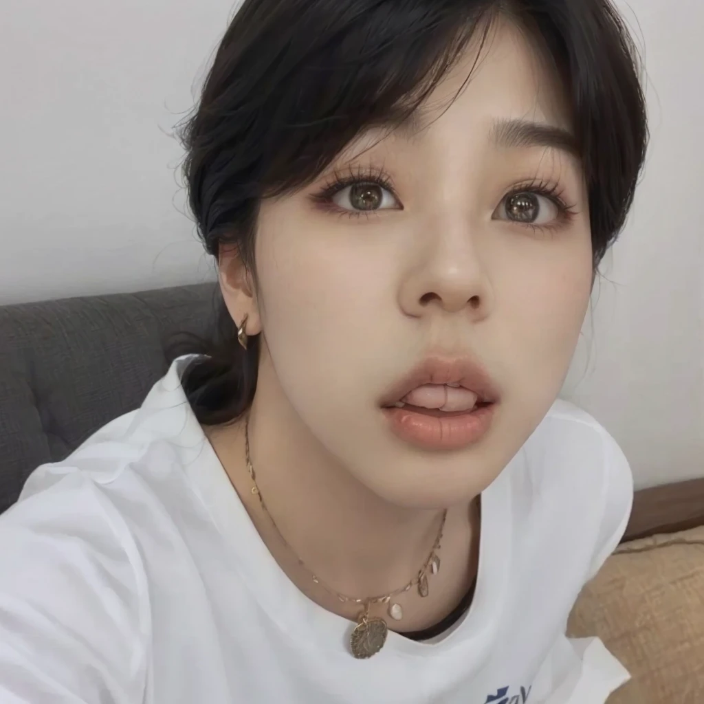 there is a woman with a white shirt and a necklace on, Jimin\the full lips, accurate Jimin face, Jimin\the Greek nose, Jimin\the right eyelid is swollen, park Jimin, Jimin, adorable and pale korean face, Kim Doyoung, Tae June Kim, sun yunjoo, hyung tae, Jungkook, tongue out, olhar chocado