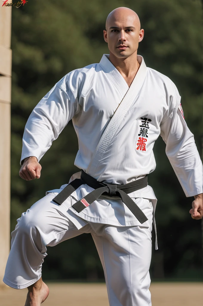 ((8k ((best quality)), ((masterpiece)), (very detailed), real face bald short male muscular male full body wear karate suit doing split