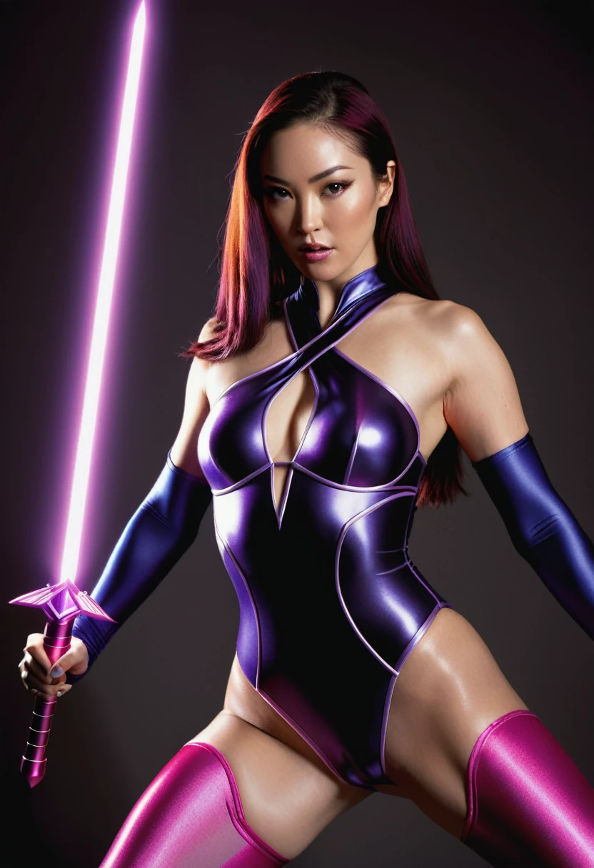 half body, portrait Illustration of PSYLOCKE from x-men, an beatiful japanese girl envolve in a energy pink aura, little butterflies made of purple energy plasma; holding a energy sword, dark background, psylocke, leotard, thigh highs, portrait, photography, detailed skin, realistic, photo-realistic, 8k, highly detailed, full length frame, High detail RAW color art, piercing, diffused soft lighting, shallow depth of field, sharp focus, hyperrealism, cinematic lighting Art by Frankenthaler, Cassatt, O'Keeffe, Vigée Le Brun, Alma Thomas, Gentileschi, Barbara Kruger, Lavinia Fontana, Dutch view, full body shot with Cannon EF 35mm f/1.4L II USM Lens. By Sem2ga.