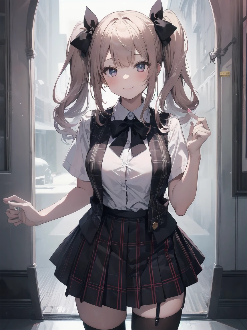 absurdres, absolutely resolution, incredibly absurdres, highres, ultra detailed, official art, unity 8k wallpaper,
BREAK
1 girl, soro, twintails, bow, cardigan vest, short sleeve shirt, plaid skirt, over black legwear, loafers, smile, Sexual girl, Dressy styles that are glamorous and pretty, with an emphasis on cuteness, bright shades and pop designs