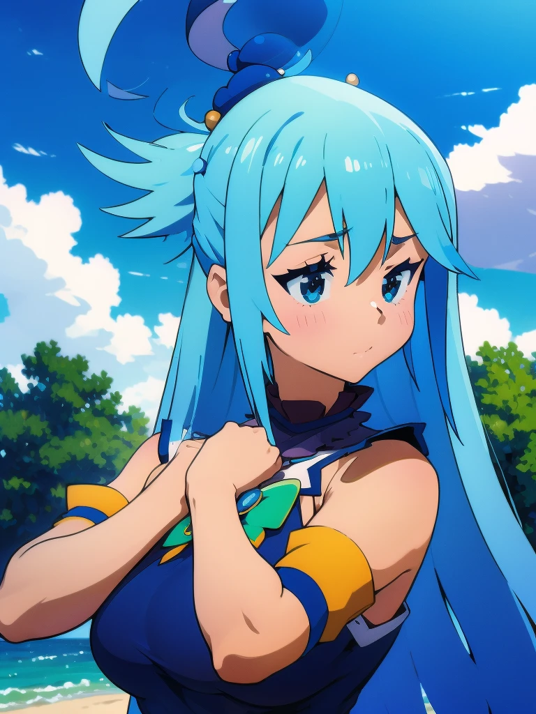 Best Image Quality, 8 k, high quality, masterpiece:1.2), ((masterpiece)), (high detail, high quality, Best Image Quality), solo, 1 girl, Konosuba ,aqua, detailed face, A smirk on his face, looks at the viewer, detailed clothing, detailed fabric, Hair rings, bikini, bare shoulders, bare hands, bare thighs, big breasts, middle thighs, beach, Sea, beachный зонтик, hands up