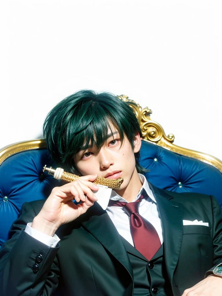 a realistic handsome looking japanese teenage boy, dark green hair, wearing a tuxedo, teal green eyes with long underlashes, slim yet muscular build, holding a piece of chess in his fingers, staring with a blank face, no marks on his skin