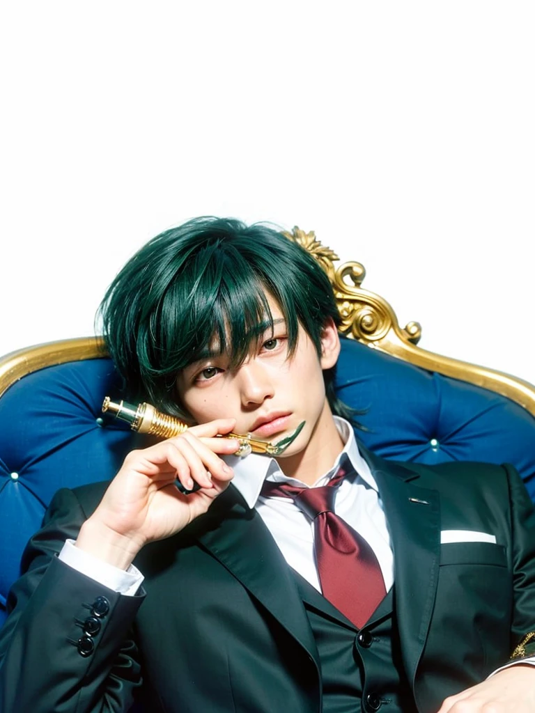 a realistic handsome looking japanese age boy, dark green hair, wearing a tuxedo, teal green eyes with long underlashes, slim yet muscular build, holding a piece of chess in his fingers, staring with a blank face, no marks on his skin