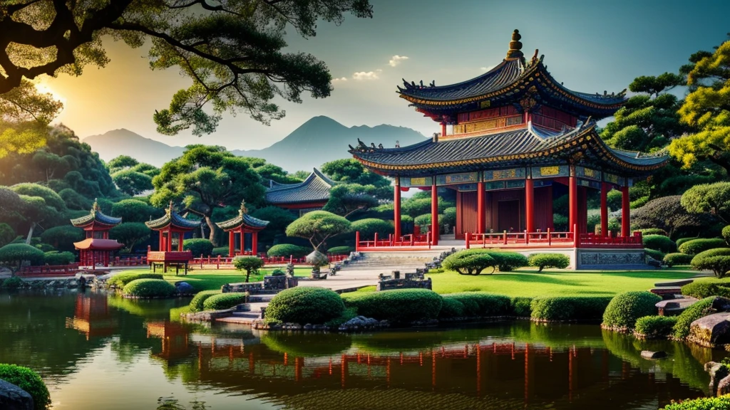 a chinese temple in a fantasy landscape, intricate chinese architecture, ornate chinese pavilion, mythical chinese gods and celestials, serene oriental garden, lush foliage, ornamental pond, dramatic lighting, cinematic composition, highly detailed, 8k, photorealistic, masterpiece, vibrant colors, chiaroscuro lighting, dramatic shadows, ethereal atmosphere, magical realism