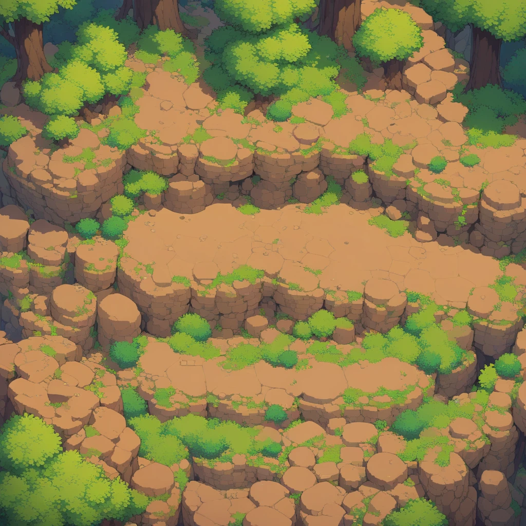 retro video game style,pixelated graphics,vibrant colors,8-bit characters,blocky shapes,sharp lines,detailed shading,classic gaming vibe,nostalgic atmosphere,classic arcade games,masterpiece:1.2,ultra-detailed,illustration style, 2d texture, clay texture, stone texture, 4 k seamless mud texture, video game texture, dirt texture, tileset, game tiles, clay material, flat texture, grass, trees, rock texture, rocky ground, forest, topdown view, game texture, game art, ground very detailed, dirt, floor texture, tileable texture, flowers, bushes, shrubs, intricate ground stone, top down view, 3/4th perspective