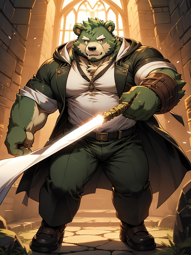 masterpiece, high quality, anime, detailed eyes, male jinpei, anthro, bear, Great physique, strong arms manly, Casual suit, (((green bear))), (((green fur))), green hair, beard, white eyebrows, bald, detailed red eyes, tall, Joyful, (black t-shirt inside), (((white unhooded trench coat ))), by zixiong, use a magic staff, dungeon, labyrinth,  casting magic, action pose,