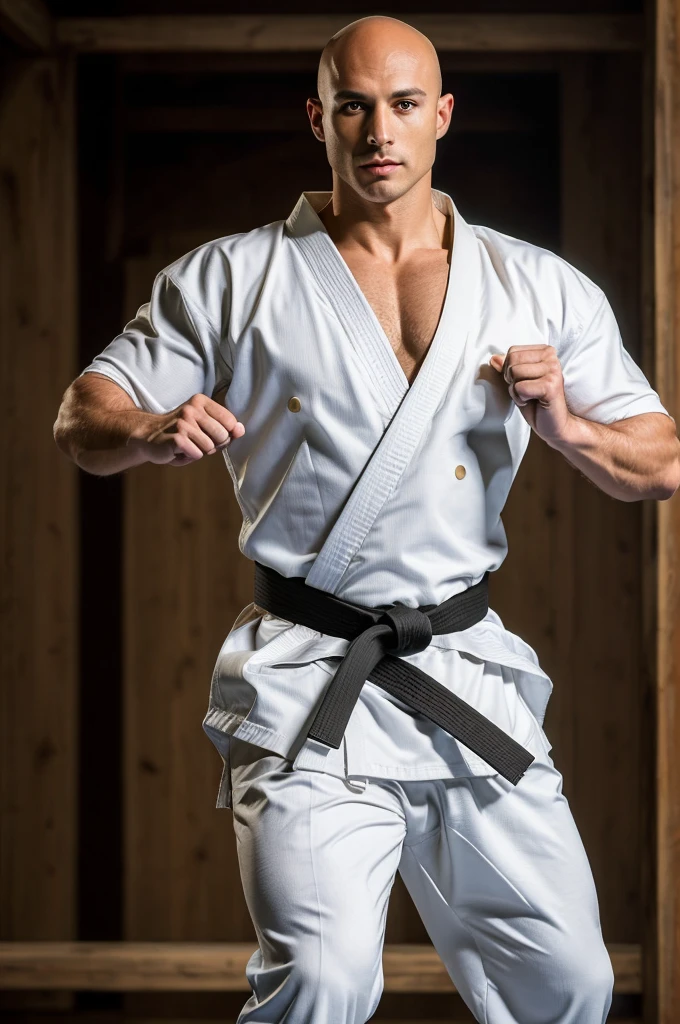 ((8k ((best quality)), ((masterpiece)), (very detailed), real face bald short male muscular male full body wear karate suit doing split