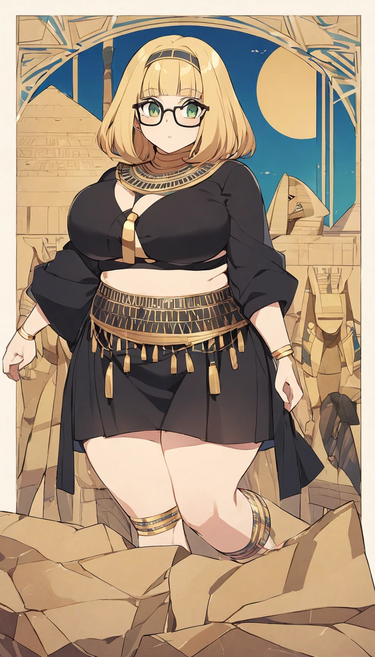 chubby girl, blonde, medium length hair, green eyes, black glasses with square frames Egypt, ancient Egypt, clothes of ancient Egypt