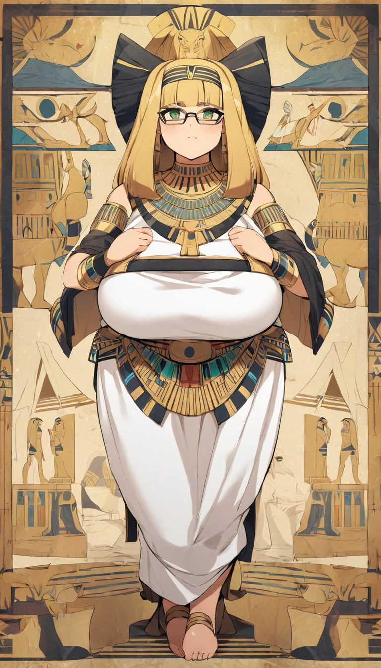 chubby girl, blonde, medium length hair, green eyes, black glasses with square frames Egypt, ancient Egypt, clothes of ancient Egypt
