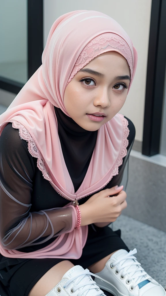 (((HIJAB MALAY GIRL))), masutepiece, High quality, UHD 32K, Realistic face, Realistic skin feeling , A Japanese Lady, , , Very cute and baby-like face, (((FLAT CHEST))), (MATRIX WORLD), ((look In front  at the camera and SADNESS)), ((())), (((CUTE GIRL))), ((TRANSPARENT)), ((BLACK LIPS)), ((PINK LACE)), ((TRANSPARENT)), ((CHUBBY)), (undress, SNEAKERS,