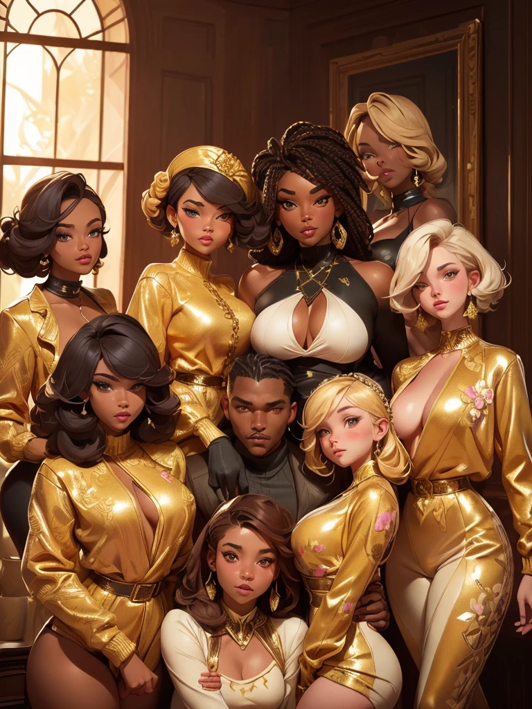 (Best Quality, 2k, Masterpiece, QHD: 1.3, A Handsome short haired african barbarian man is surrounded by three women up against him touching him and gaze at him, at a mansion, wearing Tracksuits that show off body, perfect bodies, women: long flowing hair, flowers in hair, seductive, materials, golden hour, , jewelry, golden hour, photorealistic, masterpiece, in love, small grin, perfect faces, Flirtatious-groping