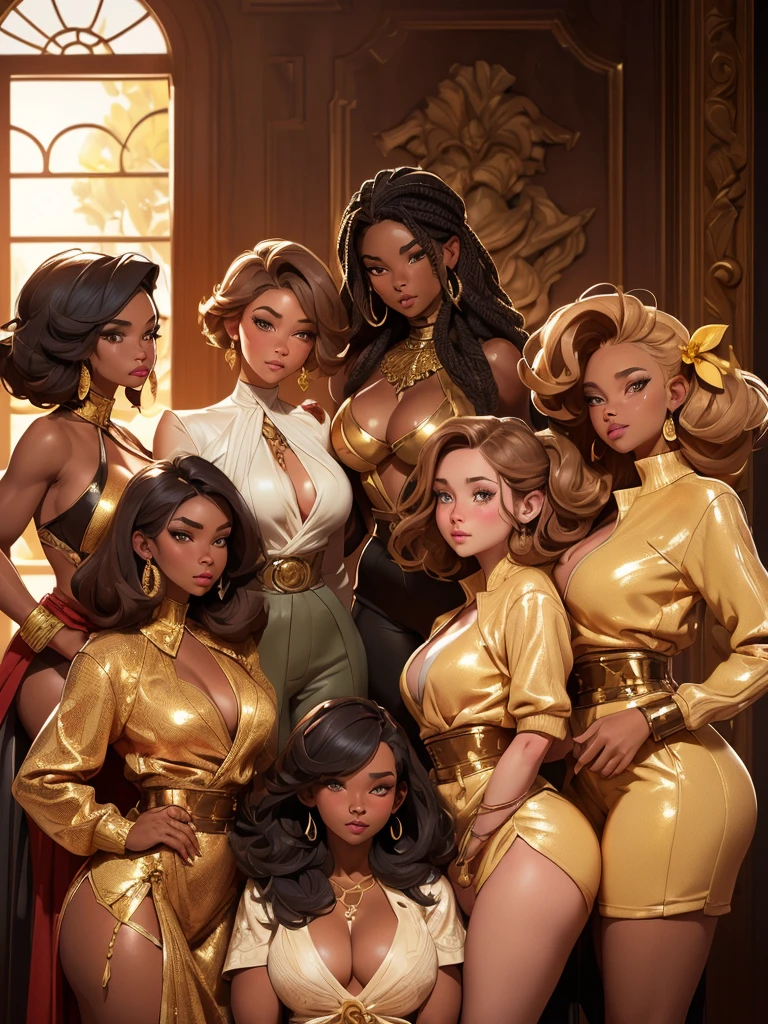 (Best Quality, 2k, Masterpiece, QHD: 1.3, A Handsome short haired african barbarian   man is surrounded by three women up against him touching him and gaze at him, at a mansion, wearing Tracksuits that show off body, perfect bodies, women: long flowing hair, flowers in hair, seductive, materials, golden hour, , jewelry, golden hour, photorealistic, masterpiece, in love, small grin, perfect faces, Flirtatious-groping 