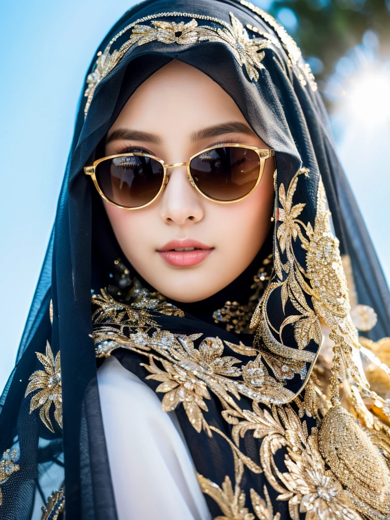 masterpiece, best quality, high res, extremely detailed 8K wallpaper, 1girl, veil hijab, sunglasses, selfie