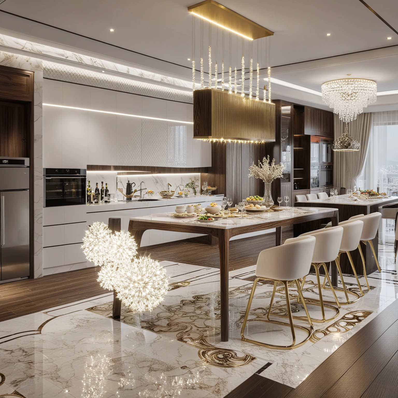 ,Masterpiece, Best quality,8K, Ultra-high resolution,When you step into the DINNING room AND KITCHEN ,Immediately surrounded by a rich atmosphere of luxury. The space was covered with a soft white fluffy blanket,It is so comfortable,So much so that you can't help but indulge in it。Embellished with precious porcelain and white-off gold ornaments。Whenever it is late afternoon,The afterglow from the window spilled on the floor,Soft light and shadow are reflected,It was as if entering a dreamland. ((Wooden chair and table : 1.3)), ((COLUMN MIRROR : 1.3))