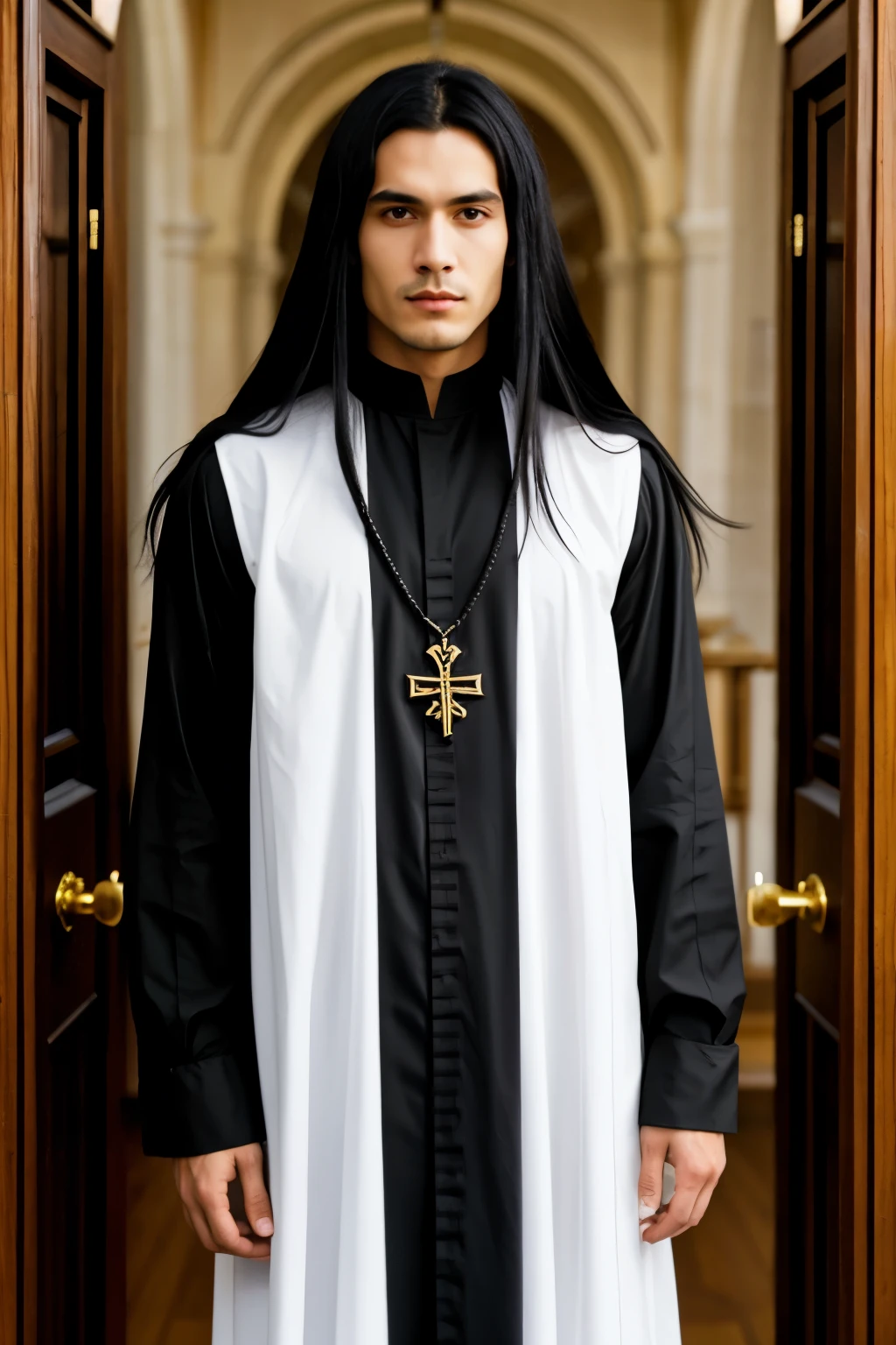 Male, long black hair, black priest's robe