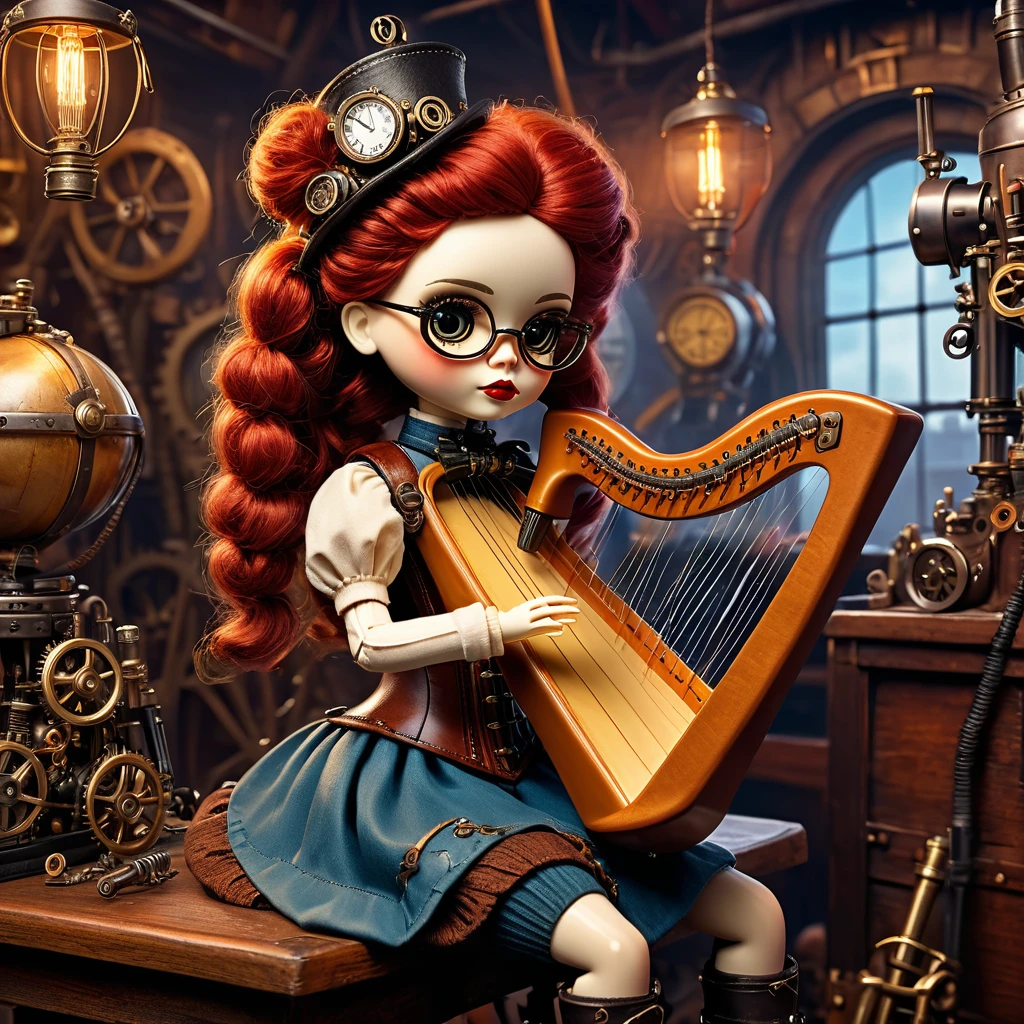 (voodoo doll playing knitted harp:1.2), (Voodoo Steampunk:1.3), (badass clothing: leather corset, aviator glasses, Gears and mechanical parts:1.0), (in the background steam engines, airships and Victorian buildings:1.2), best qualityer, work of art, detailed soft oil painting, detailed back ground, dramatic cinematic lighting, soft edge lighting, proffesional, dramatic lighting, hard edge lighting, ultra quality, 4K, work of art, best qualityer, 8K, ultra high definition, high resolution, extremely detaild