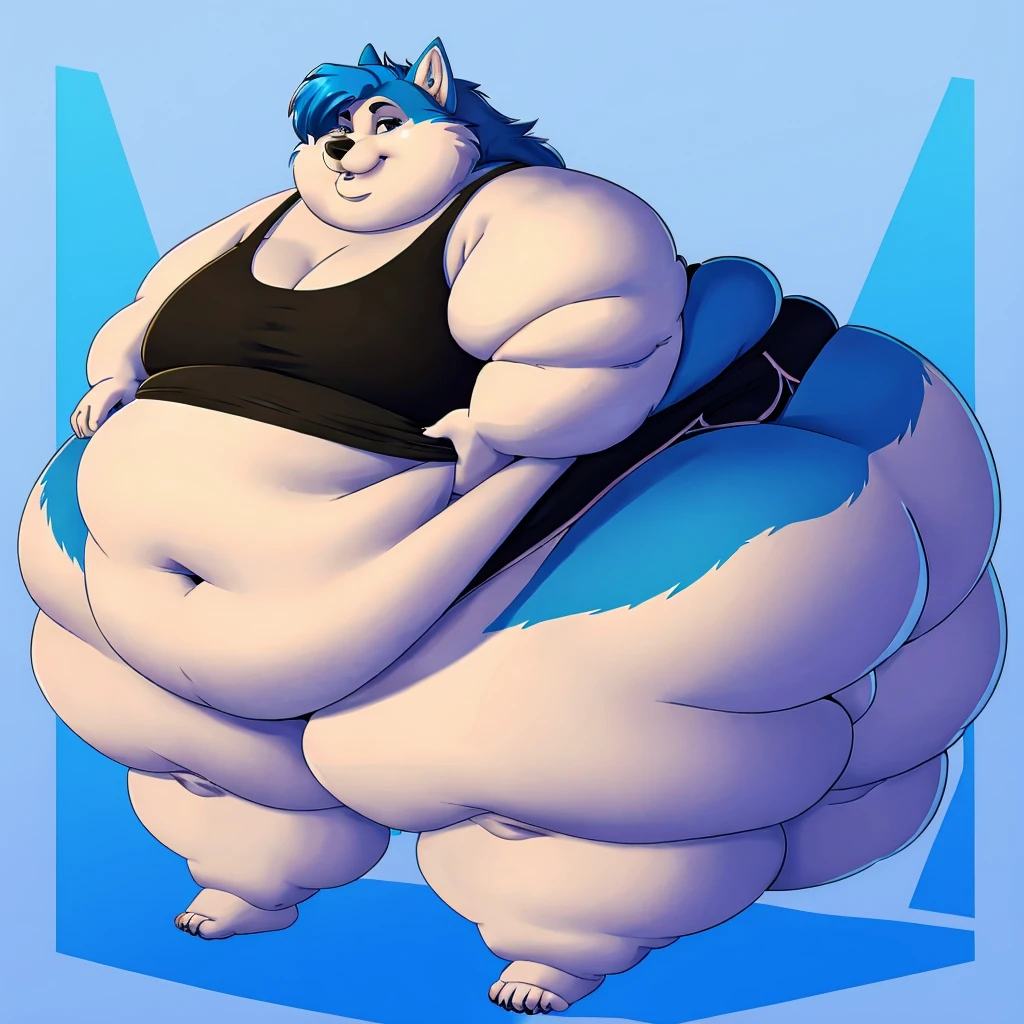 Malamute, female, long blue hair, black and blue body,, huge hips, huge thighs, plump, voluptuous,obese, gorgeous, beautiful, eyelashes, tank top, shorts,fat arms, fat legs, belly rolls, fat rolls, hip fat rolls, double chin, chubby cheeks , barefoot 