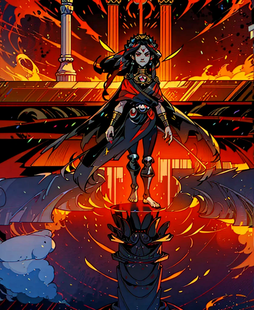 1girl, alone, 25 years old, young, black hair, red eyes, insister sur les reflets des yeux rouges, (high quality:2), cheveux noirs, long hair, boss, black outfit, black clothes, black pants, masculine clothes, masculine outfit, frowning, hades style, hades game, Jen zee style, greek themed image, greek background, thanatos, tartarus scenery, fumes, greek columns in background, lots of columns, greek architecture, white themed image, white furniture, red touches of color, orange walls, looking at viewer, holding the stygian blade hades game wiki, hades, game, wiki, obols, stygius, Eris inspiration, Alecto, Charon, Hecate, Hades character, Meg, Megara, Megaera, Moros, Nemesis, armor, Nemesis armor, Tisiphone