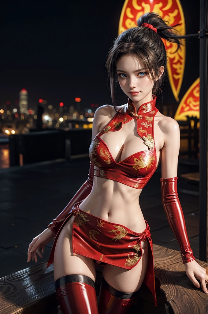 (RAW photo, best quality), Cute girl with short black hair, (ponytail), (city roof at night background), low light , dark eyeliner, happy smile, gorgeous face , super cute, 18 years old , young looking, hyper detailed face, dark eyeliner, (medium breast), (thin waist, super slender), (bare shoulders, (exposed hips), skintight and red PVC qipao china dress with yellow dragon decoration and vivid patterns, deep black leather thigh high boots, red PVC arm sleeves with yellow flower decorations and vivid patterns, cleavage, ((both hands on waist)), one leg in front of the other, (((barely exposed navel)))