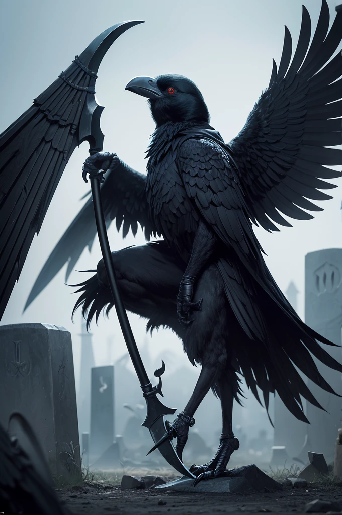 ((T20 Character)), Kenku the Reaper is a strong and agile human-sized raven with a hood and his feathers are black and white with large wings., ((holding a scythe)) in an upright pose that shows intimidation to enemies while in a graveyard environment with souls, ((best qualityer)), ((detailed strokes))