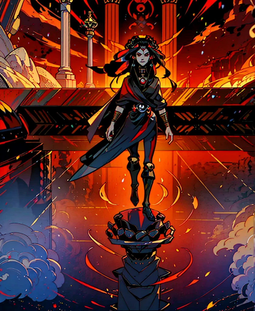 1girl, alone, 25 years old, young, grand, tall, black hair, red eyes, insister sur les reflets des yeux rouges, (high quality:2), cheveux noirs, long hair, boss, black outfit, black clothes, black pants, masculine clothes, masculine outfit, frowning, hades style, hades game, Jen zee style, greek themed image, greek background, thanatos, tartarus scenery, fumes, greek columns in background, lots of columns, greek architecture, white themed image, white furniture, red touches of color, orange walls, looking at viewer, holding the stygian blade hades game wiki, hades, game, wiki, obols, stygius, Eris inspiration, Alecto, Charon, Hecate, Hades character, Meg, Megara, Megaera, Moros, Nemesis, armor, Nemesis armor, Tisiphone
