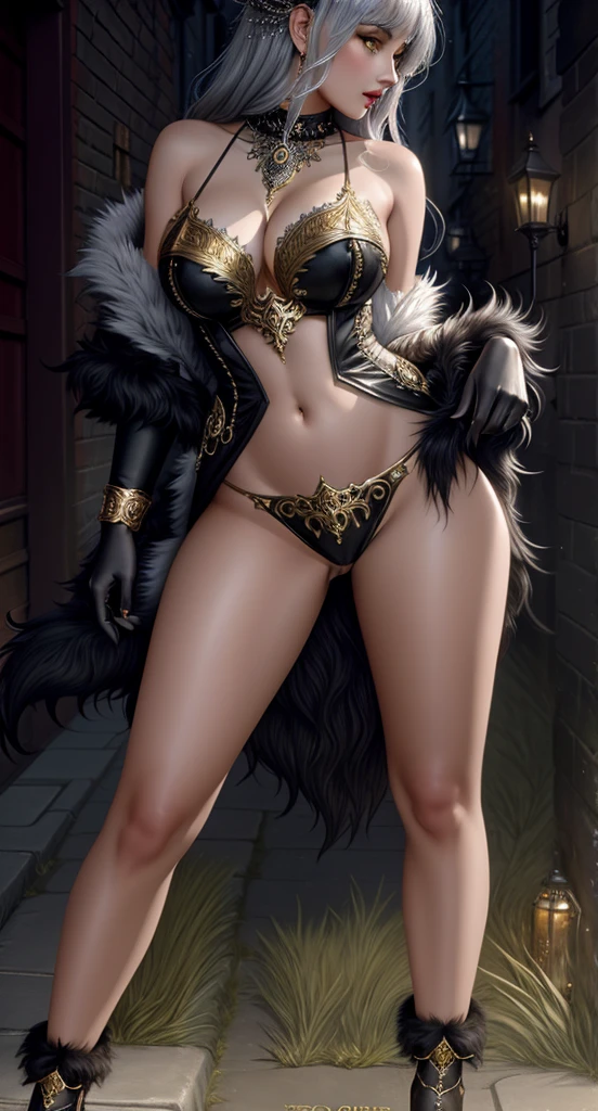 A werewolf, its fur a mix of silver and gold, eyes glowing with an otherworldly intensity. The image is a digitally rendered painting,Cropped shoulders, Mini skirt, Big thighs, Oily skin, The werewolf's claws are adorned with ornate Victorian engravings, contrasting against its savage appearance. The background is a smoky, dimly lit alleyway, adding an air of mystery to the already captivating creature. The overall quality of the image is absolutely breathtaking, s howcasing the artist's skill in blending fantasy and historical elements seamlessly, (:1.3), no clothes, beautiful breas details, breast detaigina details