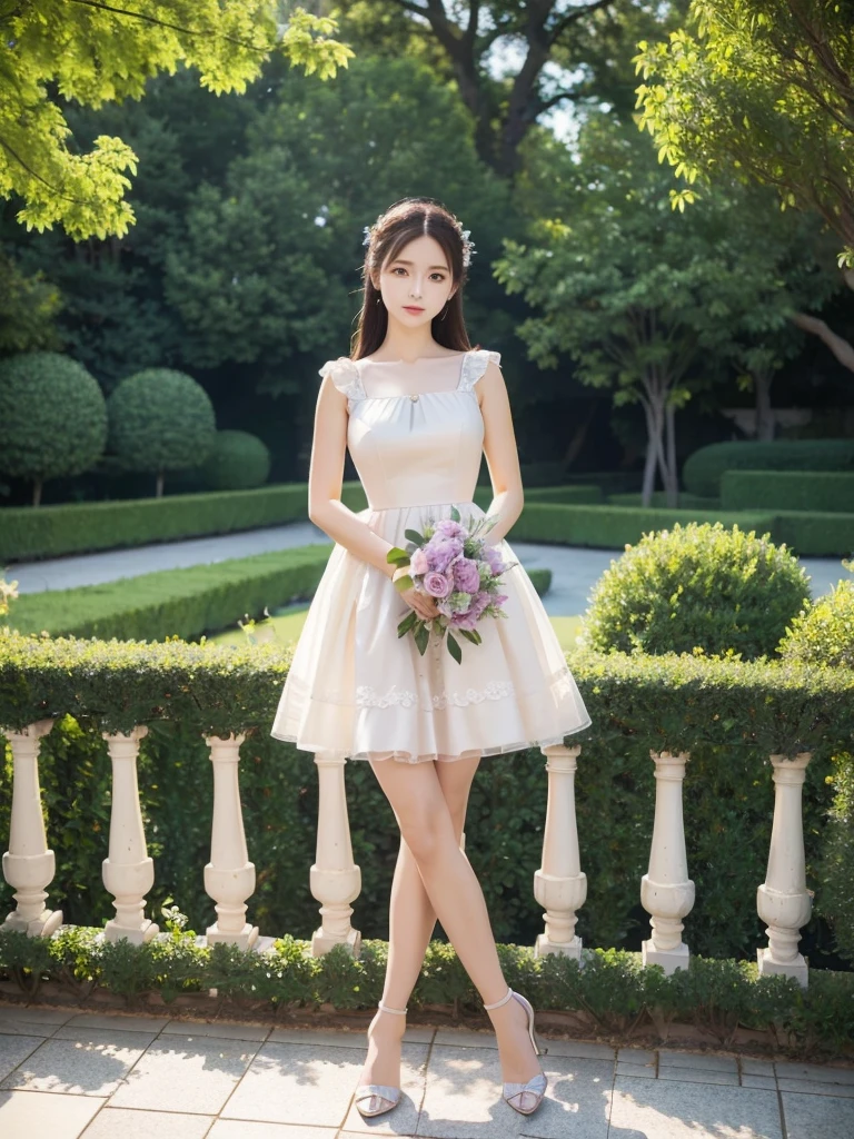 Garden Terrace、Polyester Dresses、(Highest quality)), (Very detailed), ((Very detailed)), 4K, (8K), Highest quality, One person,Kind Face、Soft Light、RAW quality、Heel、bouquet、Thighs、Real