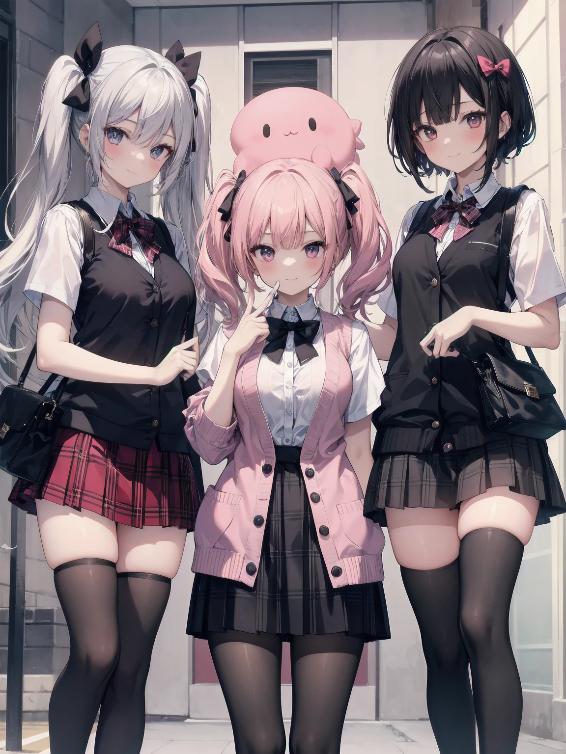 absurdres, absolutely resolution, incredibly absurdres, highres, ultra detailed, official art, unity 8k wallpaper,
BREAK
1 girl, soro, twintails, bow, cardigan vest, short sleeve shirt, plaid skirt, over black legwear, loafers, smile, Sexual girl, Dressy styles that are glamorous and pretty, with an emphasis on cuteness, bright shades and pop designs