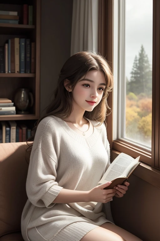 name: "Pensive Reader"
Material: watercolor on paper Size: 50x70 cm Idea: The art depicts an 18-year-old girl with long, to the waist, straight brown hair and gray eyes, reminiscent of a stormy sky. She sits by the window in a cozy room with a book in her hands, absorbed in reading. Her gaze is directed outward, through the window, and a thoughtful smile plays on his face, which gives her an image of tenderness and dreaminess.
The light from the window softly illuminates her face and hair, creating a warm and cozy contrast with the cool tones of her eyes. The girl is dressed in light clothes, Maybe, dishabille, emphasizing her youth and innocence.
The background is made in soft pastel colors, displaying the interior of a room with bookshelves, cozy armchair and various details, which create an atmosphere of calm and comfort. Outside the window you can see a spring or autumn landscape, which complements the overall atmosphere of peace and reflection.