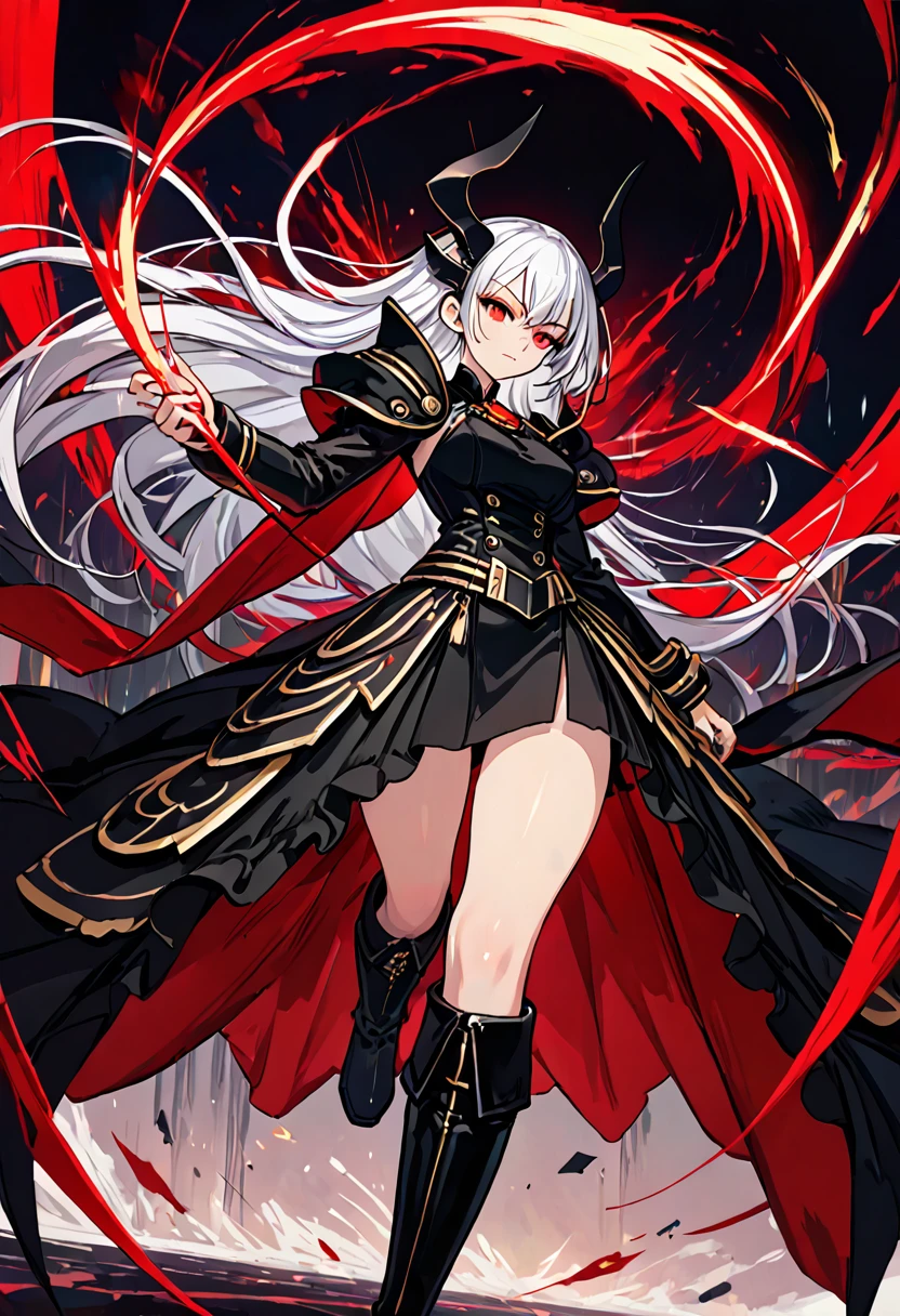 Girl, 20 years old, with long white hair down to below her waist, a serious yet tender expression, and red eyes. Her hair features black streaks. She wears antique-style clothing, a long black dress with a slit on the legs, and high black boots that almost reach her knees. Her power and background are related to shadows and darkness. dark escense, figth stance