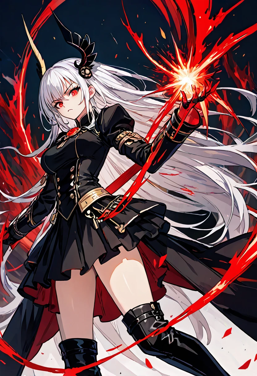 Girl, 20 years old, with long white hair down to below her waist, a serious yet tender expression, and red eyes. Her hair features black streaks. She wears antique-style clothing, a long black dress with a slit on the legs, and high black boots that almost reach her knees. Her power and background are related to shadows and darkness. dark escense, figth stance
