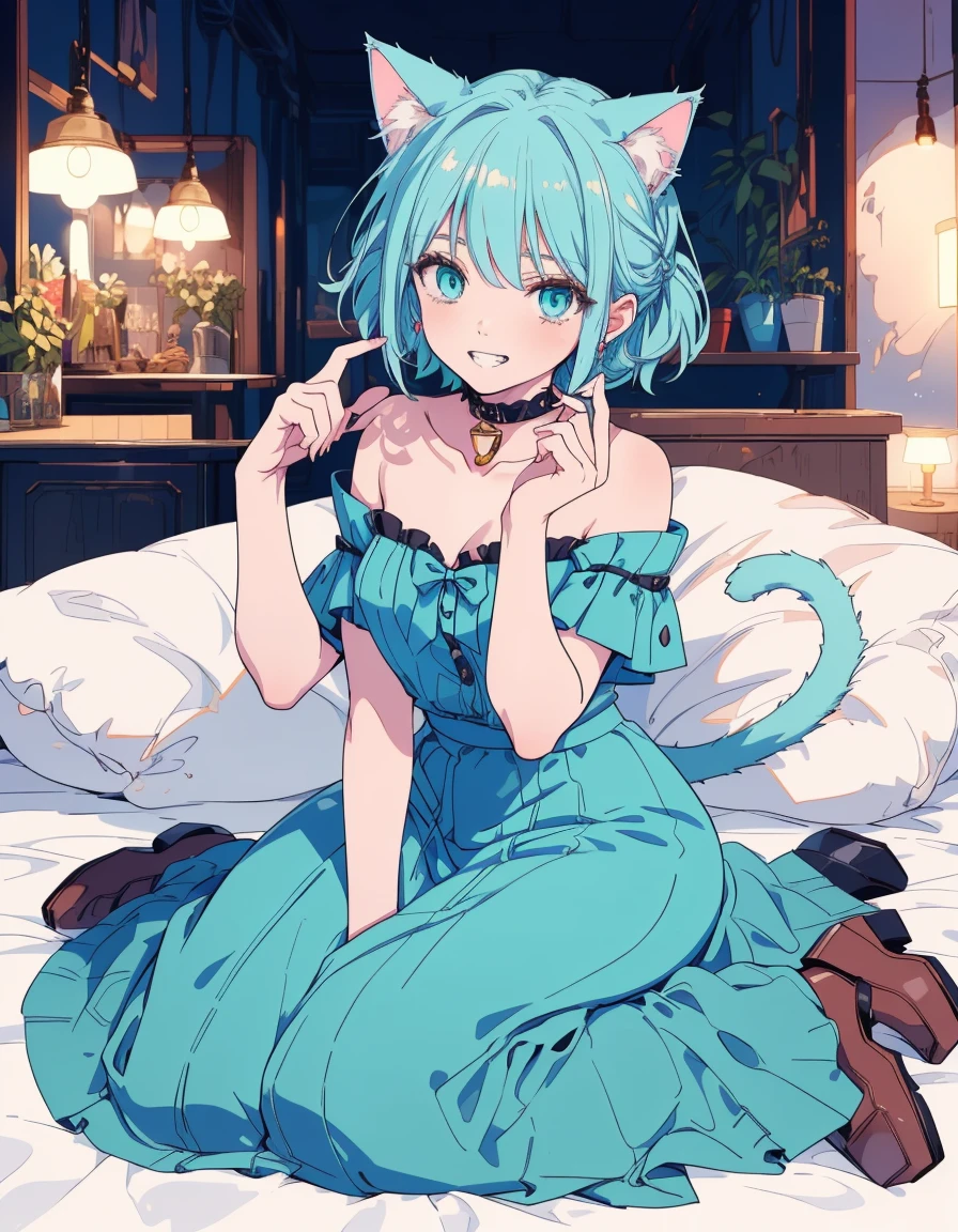 grin, wariza, fullbody, ((masterpiece, best quality:1.5)), ((Beautiful detailed cat aqua eyes:1.2)), cat ears, pale skin, small breasts, beautiful hands, beautiful fingers, EasyNegative