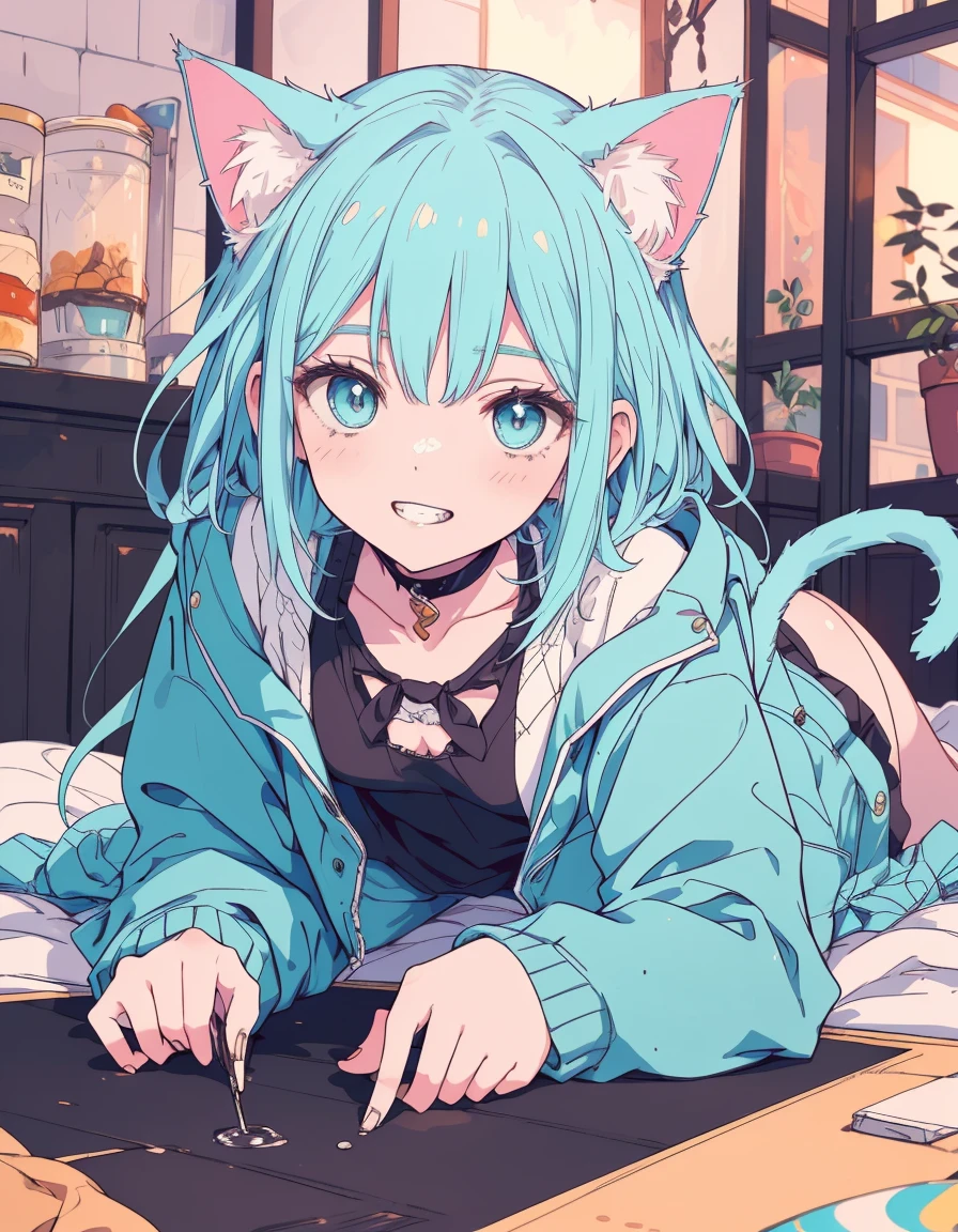 grin, wariza, fullbody, ((masterpiece, best quality:1.5)), ((Beautiful detailed cat aqua eyes:1.2)), cat ears, pale skin, small breasts, beautiful hands, beautiful fingers, EasyNegative